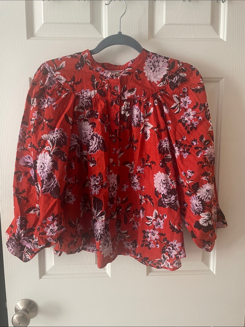 Anthro- Maeve Red Floral Puff-Sleeve Blouse